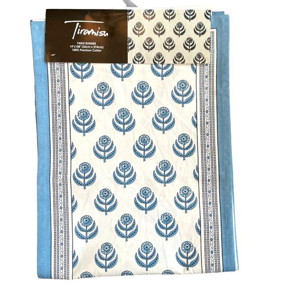 TIRAMISU Spring Summer Blue Floral 100% Premium Cotton 14 X 108 Table Runner NEW - Picture 4 of 5
